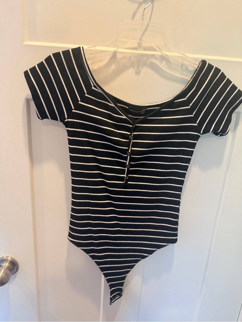 Popular 21 M Black White Striped Ribbed Henley Short Sleeve Bodysuit